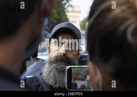 Jerome Rodrigues, one of the leading figures of the ''yellow vests'' (gilets jaunes) movement, to the press during a yellow vests movement protests in Paris, France on September 12, 2020. (Photo by Adnan Farzat/NurPhoto) Stock Photo