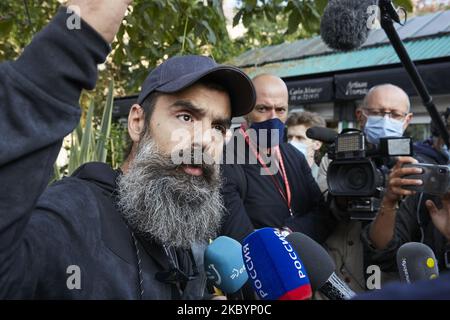 Jerome Rodrigues, one of the leading figures of the ''yellow vests'' (gilets jaunes) movement, to the press during a yellow vests movement protests in Paris, France on September 12, 2020. (Photo by Adnan Farzat/NurPhoto) Stock Photo