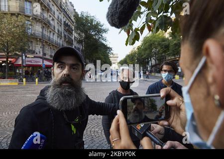 Jerome Rodrigues, one of the leading figures of the ''yellow vests'' (gilets jaunes) movement, to the press during a yellow vests movement protests in Paris, France on September 12, 2020. (Photo by Adnan Farzat/NurPhoto) Stock Photo