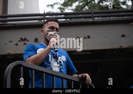 Daniel Ortiz, a nurse at the University of Illinois Hospital (UIH) who contracted COVID-19, speaks at a rally on the first day of a nurses strike in Chicago, IL on September 12, 2020. Hundreds of UIH nurses are demanding safe patient limits and adequate personal protective equipment. (Photo by Max Herman/NurPhoto) Stock Photo