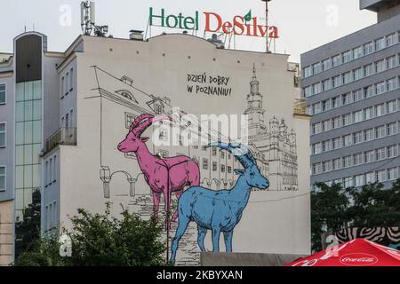 Good Morning Poznan giant mural with two goats - the city symbol is seen in Poznan, Poland on 12 September 2020 (Photo by Michal Fludra/NurPhoto) Stock Photo