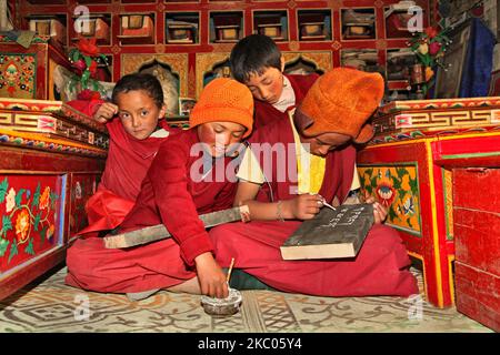 Young Buddhist monks studying in a monastery in Zanskar, Ladakh, Jammu and Kashmir, India. (This image has a signed model release). (Photo by Creative Touch Imaging Ltd./NurPhoto) Stock Photo