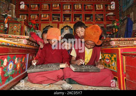 Young Buddhist monks studying in a monastery in Zanskar, Ladakh, Jammu and Kashmir, India. (This image has a signed model release). (Photo by Creative Touch Imaging Ltd./NurPhoto) Stock Photo