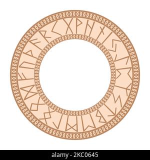 Runic circle, an ancient symbol, decorated with Scandinavian patterns. Beige fashion design Stock Vector