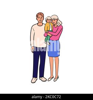 Happy flat family standing together.Mom, dad, children. Hand drawn style.Stock vector illustration. Stock Vector