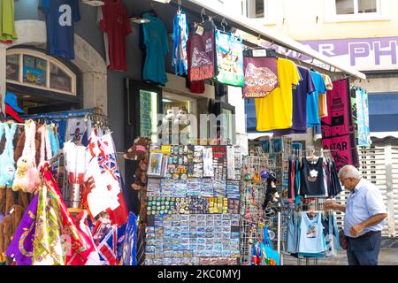 Main Street, Gibraltar. 22nd October, 2022. Tourist souvenir products on display outside a gift shop in Main Street, Gibraltar. Stock Photo