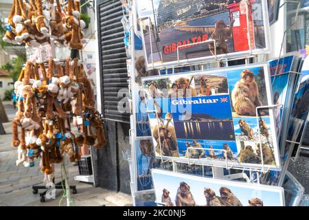 Main Street, Gibraltar. 22nd October, 2022. Tourist souvenir products on display outside gift shop in Main Street, Gibraltar. Stock Photo