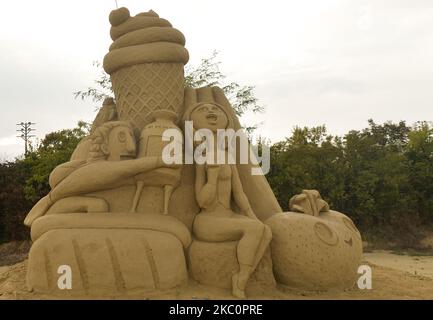 'Cloudy with a chance of meatballs' by Kalin Dilovski seen during the 13th edition of Burgas Sand Sculptures Festival 2020 in Burgas Park 'Ezero'. Each year the theme of the festival is different, and for 2020 the theme 'Medieval' has been selected. More than 2,500 tons of sand are used annually to build sculptures. On Saturday, September 26, 2020, in Burgas, Poland. (Photo by Artur Widak/NurPhoto) Stock Photo