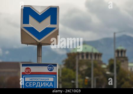 A Metro sign seen at the entrance to Serdika Metro Station, in Sofia city center. On October 1st, 2020, in Sofia, Bulgaria. (Photo by Artur Widak/NurPhoto) Stock Photo