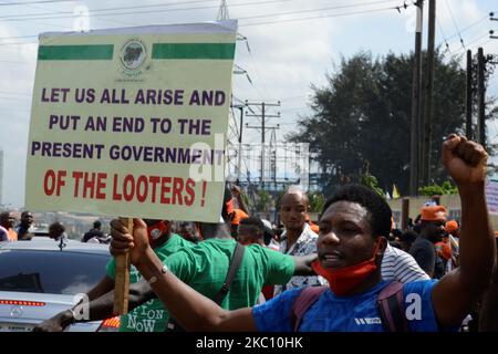 Members of Revolution Now stage a protest in Lagos as Nigeria Marks her 60th Independence Day anniversary on October 1, 2020. (Photo by Adekunle Ajayi/NurPhoto) Stock Photo