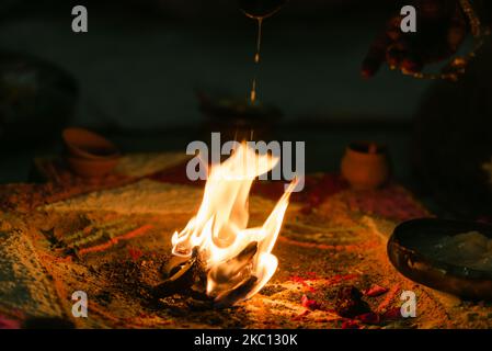 items for the Indian Yajna ritual. Indian Vedic fire ceremony called Pooja. A ritual rite, for many religious and cultural holidays Stock Photo