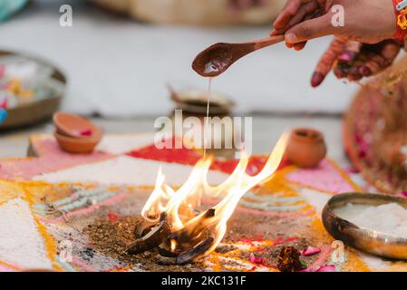 items for the Indian Yajna ritual. Indian Vedic fire ceremony called Pooja. A ritual rite, for many religious and cultural holidays Stock Photo