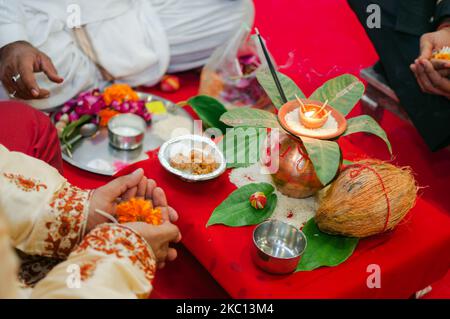 items for the Indian Yajna ritual. Indian Vedic fire ceremony called Pooja. A ritual rite for many religious and cultural holidays and events in the Stock Photo