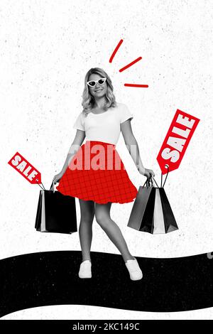 Vertical creative collage picture of positive girl black white effect hold sale bags limited time only promotion isolated on drawing background Stock Photo