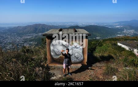 A giant cat graffiti is seen at MacLehose Trail Sector 8 in Tai Mo Shan.27OCT22   SCMP / Sam Tsang Stock Photo