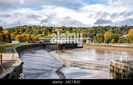View of the Plimsoll swing Bridge with low water in the Cumberland Basin in Bristol Docks, Bristol, United Kingdom Stock Photo