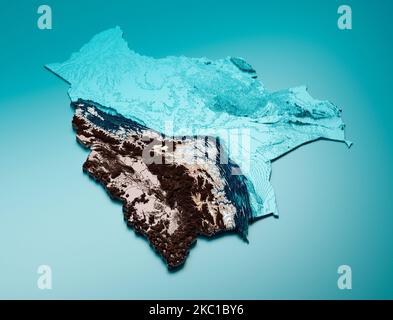 A 3d rendering of topographic Bolivia Hypsometric Elevation tint Spectral Shaded relief map Stock Photo