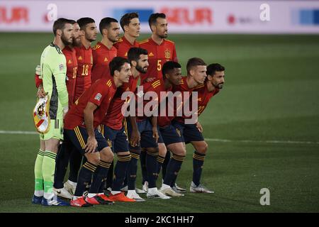 Spain line up (L-R) David De Gea (Manchester United FC), Sergio Ramos (Real Madrid CF), Ferran Torres (Manchester City FC), Mikel Merino (Real Sociedad), Pau Torres (Villarreal CF), Sergio Busquets (FC Barcelona), Mikel Oyarzabal (Real Sociedad), Jose Gaya (Valencia CF), Ansu Fati (FC Barcelona), Dani Olmo (RasenBallsport Leipzig) and Jesus Navas (Sevilla FC) of Spain during the UEFA Nations League group stage match between Spain and Switzerland at Estadio Alfredo Di Stefano on October 10, 2020 in Madrid, Spain. (Photo by Jose Breton/Pics Action/NurPhoto) Stock Photo