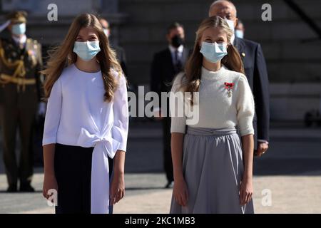 Princess Leonor of Spain and Princess Sofia of Spain attend the National Day Military Parade at the Royal Palace on October 12, 2020 in Madrid, Spain (Photo by Oscar Gonzalez/NurPhoto) Stock Photo