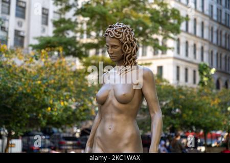 Newly installed statue of 'Medusa With The Head of Perseus' by Argentine-Italian artist Luciano Garbati stands in Collect Pond Park on October 14, 2020 in New York City. In the wake of the #MeToo movement, the seven-foot bronze sculpture changes the narrative of Medusa, offering a different take on the 16th Century Florentine bronze statue of 'Perseus with the Head of Medusa' by Benvenuto Cellini. The statue was installed directly across from New York County Criminal Court, the location of many high profile abuse cases including the recent Harvey Weinstein trial. (Photo by John Nacion/NurPhoto Stock Photo