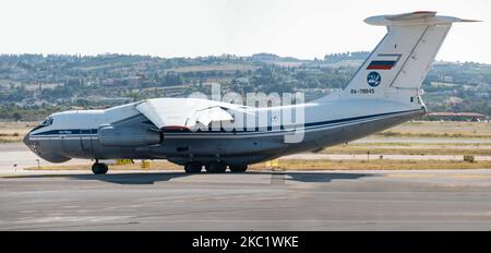 A Soviet Union made Ilyushin Il-76MD commercial freighter aircraft carrying heavy cargo as seen parked on the tarmac and taking off from Thessaloniki International Airport SKG LGTS on September 21, 2020. The four-engine turbofan Il76 airplane with registration RA-78845 belongs to the government of Russia, specifically to the Russian Federation Air Force. The type of the aircraft had its first flight on March 1971. Thessaloniki, Greece on September 21, 2020 (Photo by Nicolas Economou/NurPhoto) Stock Photo