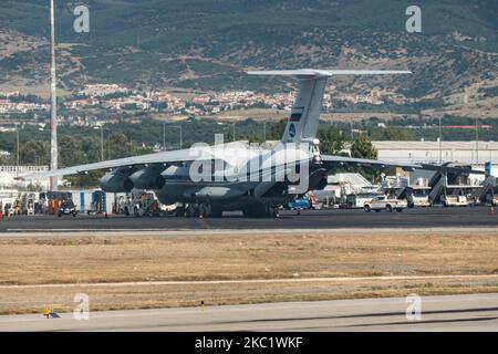 A Soviet Union made Ilyushin Il-76MD commercial freighter aircraft carrying heavy cargo as seen parked on the tarmac and taking off from Thessaloniki International Airport SKG LGTS on September 21, 2020. The four-engine turbofan Il76 airplane with registration RA-78845 belongs to the government of Russia, specifically to the Russian Federation Air Force. The type of the aircraft had its first flight on March 1971. Thessaloniki, Greece on September 21, 2020 (Photo by Nicolas Economou/NurPhoto) Stock Photo