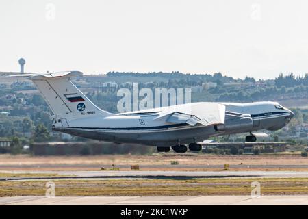 A Soviet Union made Ilyushin Il-76MD commercial freighter aircraft carrying heavy cargo as seen parked on the tarmac and taking off from Thessaloniki International Airport SKG LGTS on September 21, 2020. The four-engine turbofan Il76 airplane with registration RA-78845 belongs to the government of Russia, specifically to the Russian Federation Air Force. The type of the aircraft had its first flight on March 1971. Thessaloniki, Greece on September 21, 2020 (Photo by Nicolas Economou/NurPhoto) Stock Photo