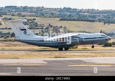 A Soviet Union made Ilyushin Il-76MD commercial freighter aircraft carrying heavy cargo as seen parked on the tarmac and taking off from Thessaloniki International Airport SKG LGTS on September 21, 2020. The four-engine turbofan Il76 airplane with registration RA-78845 belongs to the government of Russia, specifically to the Russian Federation Air Force. The type of the aircraft had its first flight on March 1971. Thessaloniki, Greece on September 21, 2020 (Photo by Nicolas Economou/NurPhoto) Stock Photo