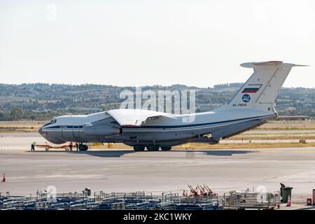 A Soviet Union made Ilyushin Il-76MD commercial freighter aircraft carrying heavy cargo as seen parked on the tarmac and taking off from Thessaloniki International Airport SKG LGTS on September 21, 2020. The four-engine turbofan Il76 airplane with registration RA-78845 belongs to the government of Russia, specifically to the Russian Federation Air Force. The type of the aircraft had its first flight on March 1971. Thessaloniki, Greece on September 21, 2020 (Photo by Nicolas Economou/NurPhoto) Stock Photo