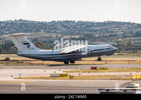 A Soviet Union made Ilyushin Il-76MD commercial freighter aircraft carrying heavy cargo as seen parked on the tarmac and taking off from Thessaloniki International Airport SKG LGTS on September 21, 2020. The four-engine turbofan Il76 airplane with registration RA-78845 belongs to the government of Russia, specifically to the Russian Federation Air Force. The type of the aircraft had its first flight on March 1971. Thessaloniki, Greece on September 21, 2020 (Photo by Nicolas Economou/NurPhoto) Stock Photo