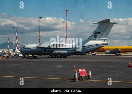 A Soviet Union made Ilyushin Il-76MD commercial freighter aircraft carrying heavy cargo as seen parked on the tarmac and taking off from Thessaloniki International Airport SKG LGTS on September 21, 2020. The four-engine turbofan Il76 airplane with registration RA-78845 belongs to the government of Russia, specifically to the Russian Federation Air Force. The type of the aircraft had its first flight on March 1971. Thessaloniki, Greece on September 21, 2020 (Photo by Nicolas Economou/NurPhoto) Stock Photo