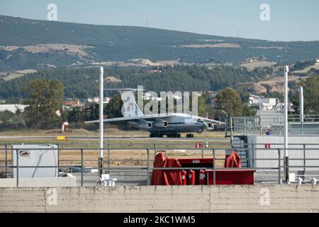 A Soviet Union made Ilyushin Il-76MD commercial freighter aircraft carrying heavy cargo as seen parked on the tarmac and taking off from Thessaloniki International Airport SKG LGTS on September 21, 2020. The four-engine turbofan Il76 airplane with registration RA-78845 belongs to the government of Russia, specifically to the Russian Federation Air Force. The type of the aircraft had its first flight on March 1971. Thessaloniki, Greece on September 21, 2020 (Photo by Nicolas Economou/NurPhoto) Stock Photo