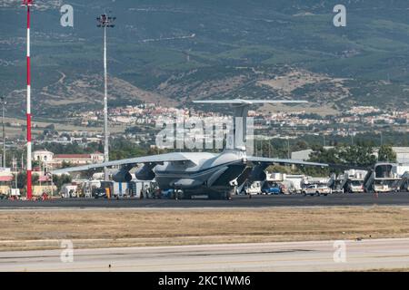 A Soviet Union made Ilyushin Il-76MD commercial freighter aircraft carrying heavy cargo as seen parked on the tarmac and taking off from Thessaloniki International Airport SKG LGTS on September 21, 2020. The four-engine turbofan Il76 airplane with registration RA-78845 belongs to the government of Russia, specifically to the Russian Federation Air Force. The type of the aircraft had its first flight on March 1971. Thessaloniki, Greece on September 21, 2020 (Photo by Nicolas Economou/NurPhoto) Stock Photo