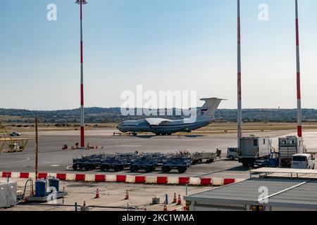 A Soviet Union made Ilyushin Il-76MD commercial freighter aircraft carrying heavy cargo as seen parked on the tarmac and taking off from Thessaloniki International Airport SKG LGTS on September 21, 2020. The four-engine turbofan Il76 airplane with registration RA-78845 belongs to the government of Russia, specifically to the Russian Federation Air Force. The type of the aircraft had its first flight on March 1971. Thessaloniki, Greece on September 21, 2020 (Photo by Nicolas Economou/NurPhoto) Stock Photo