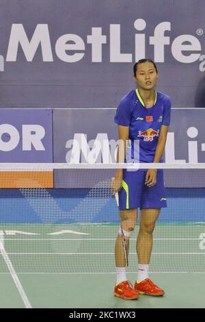 South Korea's Sung Ji Hyun play match during women's single final match against China's Wang Yihan at the Victor Korea Open Badminton final in Seoul, South Korea. South Korea's Sung Ji Hyun won the match score 2-1. (Photo by Seung-il Ryu/NurPhoto) Stock Photo