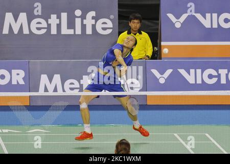 South Korea's Sung Ji Hyun play match during women's single final match against China's Wang Yihan at the Victor Korea Open Badminton final in Seoul, South Korea. South Korea's Sung Ji Hyun won the match score 2-1. (Photo by Seung-il Ryu/NurPhoto) Stock Photo