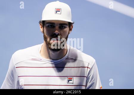 Reilly Opelka of United States during his ATP St. Petersburg Open 2020 international tennis tournament quarter-final match against Borna Coric of Croatia on October 16, 2020 at Sibur Arena in Saint Petersburg, Russia. (Photo by Mike Kireev/NurPhoto) Stock Photo