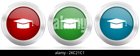 Graduation, cap, education vector icon set. Red, blue and green silver metallic web buttons with chrome border Stock Vector