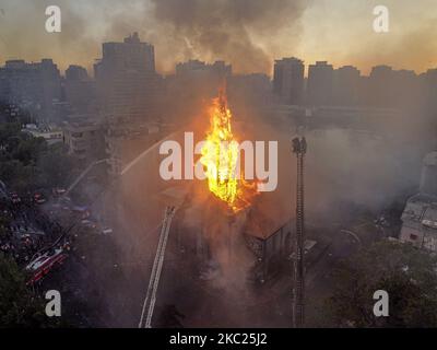 On the day the social revolt began in Chile, a fire broke out in the Asuncion Parish in downtown Santiago, Chile, on October 18, 2020. (Photo by Felipe Figueroa/Nurphoto) Stock Photo