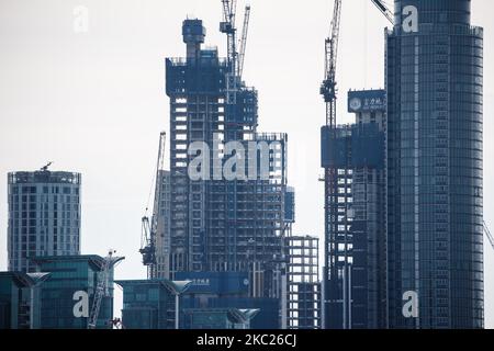 Construction work continues on high-rise buildings beside the River Thames at Vauxhall, seen from Westminster Bridge in London, England, on October 19, 2020. (Photo by David Cliff/NurPhoto) Stock Photo