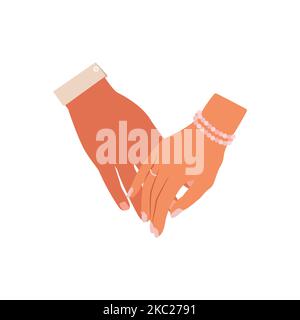 Holding hands, female and male hands together, vector illustration in flat style on white isolate. Stock Vector
