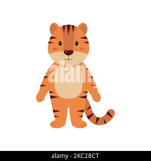 Cute cartoon striped little tiger cub. Children decor. New Year's symbol of 2022. Vector illustration in flat style isolated on a white background. Stock Vector