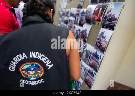 Indigenous members of the CRIC and other indigenous associations of Colombia, camp at 'El Palacio de los Deportes' after a week long trip on colombian roads to protest against the social leaders assasinations, the massacres in the country, and the implementation of the peace process, in Bogota, Colombia, october 20, 2020. Indigenous leaders gave a press conferences along orginizers of the national strike to show support in the demonstrations that will take in the city on october 21. (Photo by Sebastian Barros/NurPhoto) Stock Photo