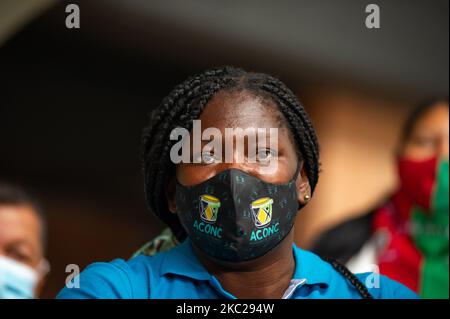 Indigenous members of the CRIC and other indigenous associations of Colombia, camp at 'El Palacio de los Deportes' after a week long trip on colombian roads to protest against the social leaders assasinations, the massacres in the country, and the implementation of the peace process, in Bogota, Colombia, october 20, 2020. Indigenous leaders gave a press conferences along orginizers of the national strike to show support in the demonstrations that will take in the city on october 21. (Photo by Sebastian Barros/NurPhoto) Stock Photo