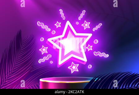 Stars neon sign, 1st banner light, best signboard. Vector illustration Stock Vector