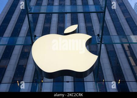 Apple flagship retail store in Fifth in New York City with the Iconic glass cube design from Peter Bohlin that received multiple architectural and design awards and the hanging Apple logo between the skyscrapers of the NY skyline. The American tech giant sells various Apple products, including Mac personal computers, iPhone smartphones, iPad tablet computers, iPod portable media players, Apple Watch smartwatches, Apple TV digital media players, software, and selected third-party accessories. The first Apple Stores were opened in May 2001 by the CEO Steve Jobs. The store is a landmark for the F Stock Photo