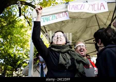 Kaja Godek, key anti-abortion seconds after hearing the judgement of The Constitutional Court that has just decided to ban abortions for fetal indications, in Warsaw, Poland, on October 22, 2020. Outside of the the court activists from both sides gathered in prayers for the judges to introduce the ban or in protest against limiting women reproductive rights. (Photo by Piotr Lapinski/NurPhoto) Stock Photo