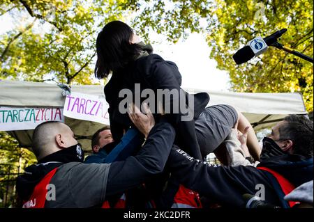 Kaja Godek, key anti-abortion seconds after hearing the judgement of The Constitutional Court that has just decided to ban abortions for fetal indications, in Warsaw, Poland, on October 22, 2020. Outside of the the court activists from both sides gathered in prayers for the judges to introduce the ban or in protest against limiting women reproductive rights. (Photo by Piotr Lapinski/NurPhoto) Stock Photo