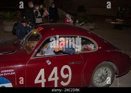 The passage of the historic parade of the ''Mille Miglia'' which started from Brescia and headed for Rome, in Rieti, Italy, on October 23, 2020. The race has already been postponed from May to October due to the first wave of the Covid 19 epidemic that hit Italy. Brescia, the city of departure and arrival, was one of the most affected by the pandemic and even now, at the begin of the second wave, it already seems to be in a difficult situation. The race, usually welcomed by the city. it is now surrounded by controversy regarding its development at such a difficult time. (Photo by Riccardo Fabi Stock Photo