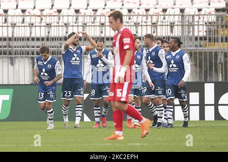 Filip Djordjevic of Chievo Verona celebrates with team-mates after scoring the his second goal during the Serie B match between AC Monza and Chievo Verona at Stadio Brianteo on October 24, 2020 in Monza, Italy (Photo by Giuseppe Cottini/NurPhoto) Stock Photo